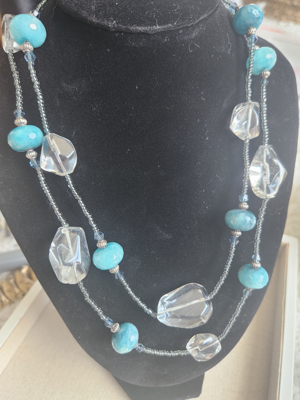 Vintage Artisan Chunky Glass Bead Quartz Crystal Necklace Extra Long Larimar